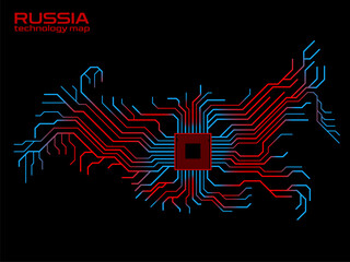 Abstract Russia map with cpu. Circuit board. Technology background