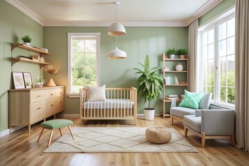 Scandinavian Minimalist Nursery Room Panoramic Photography - Modern Baby Room Decor