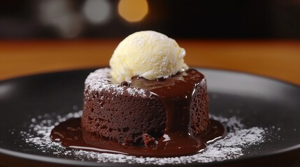 detailed shot of a molten chocolate lava cake with powdered sugar and a scoop of vanilla ice cream, served on a sleek black plate with soft-focus restaurant decor in the background