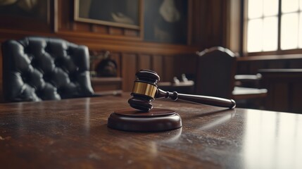 Judge's gavel on wooden table in courtroom. Possible use Stock photo for legal, justice, or courtroom themes