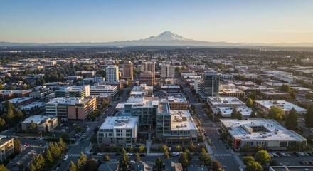 Obraz premium Aerial View of Cityscape with Mountain - Stunning aerial shot of a city nestled against a majestic mountain range under a clear blue sky. Modern buildings and residential areas create a vibrant urban