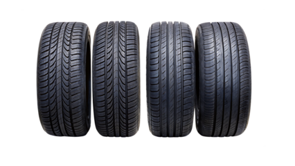 set of four black car tires isolated on white background as transparent PNG. GENERATIVE AI