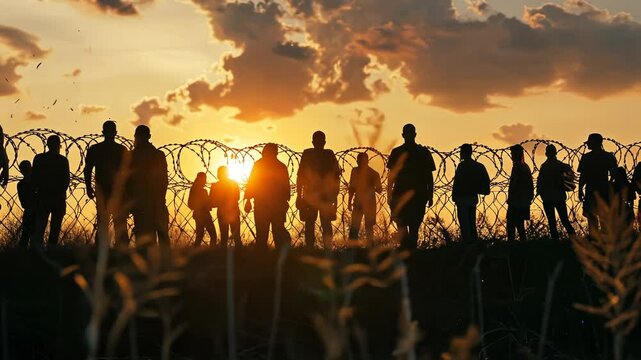 Sunset Silhouette of Refugees at a Border Fence
