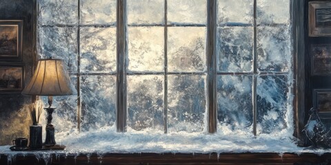 Naklejka premium A cozy room reveals a snowy outdoor scene through a window
