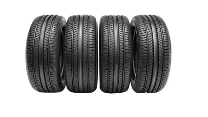 set of four black car tires isolated on white background as transparent PNG. GENERATIVE AI