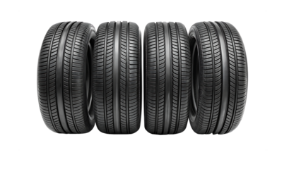 set of four black car tires isolated on white background as transparent PNG. GENERATIVE AI