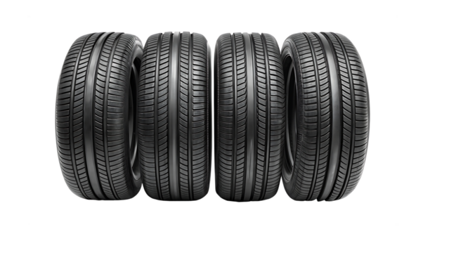 set of four black car tires isolated on white background as transparent PNG. GENERATIVE AI