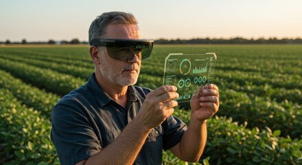 Analyzing Crop Growth Using Augmented Reality - Farmer using AR glasses to analyze crop data, showcasing technology, precision agriculture, data visualization, future farming, and innovation