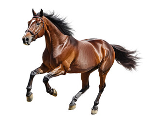 Fototapeta premium Powerful brown horse runs with agility and speed across a sunny field, muscles rippling with energy and vitality in the beautiful landscape