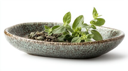 Dried marjoram and a fresh sprig in a ceramic dish on a white background