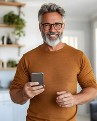 Happy mature man smiling, holding phone indoors