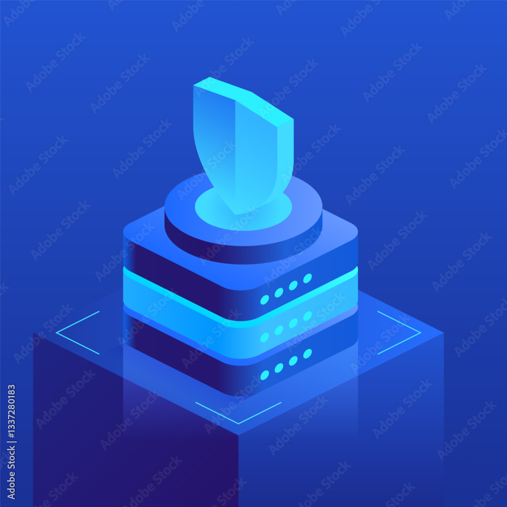 Poster a shield atop server stacks symbolizes digital security and protection, representing cybersecurity f