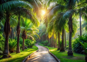 Fototapeta premium Serene Palm Tree Pathway: Tranquil Nature Escape Stock Photo
