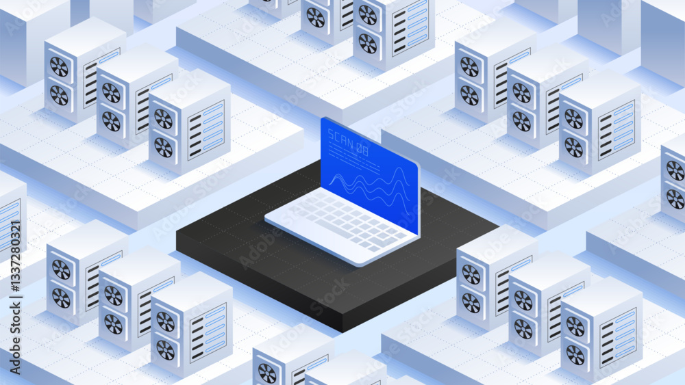 Poster isometric digital technology background with data analysis laptop performing data analysis, surround