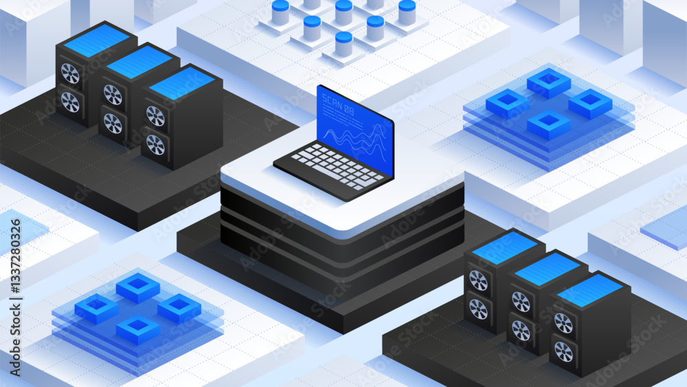 Poster high-tech vector isometric illustration featuring data servers, cooling systems, and ai-powered proc