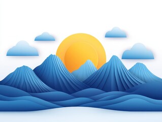 Stylized paper-cut mountains with a bright sun and soft clouds in the background