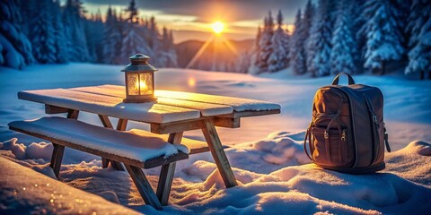 Serene Winter Landscape: Wooden Table, Lantern, Backpack, Snow Scene