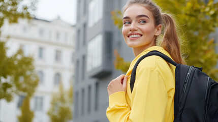 Fototapeta premium Urban autumn walk with stylish model in yellow jacket and backpack