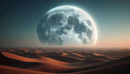 A Giant Moon Rising Over a Desert
