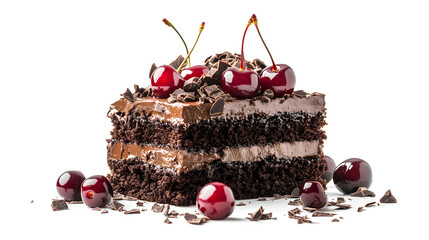 A slice of chocolate cake with cherries on top