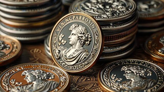 Close-up of Ancient-Style Coins,  Luxurious  Metallic Finish, Stacked and Arranged on Intricate Background