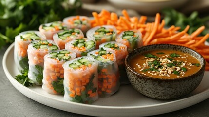 Fresh summer roll platter with tempeh and peanut dipping sauce on a white plate