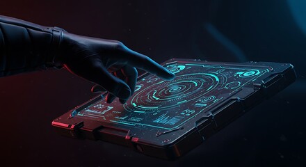 Naklejka premium Sleek futuristic digital tablet interface glowing with neon blue and cyan concentric circles and data visualizations, concept for advanced technology, interactive display and scientific research