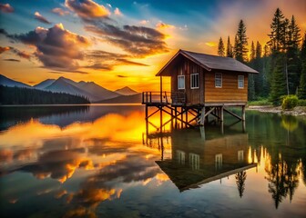 Obraz premium Silhouette Fisherman's Stilt House on Calm Lake at Sunset - Modern Wooden Cabin Cottage