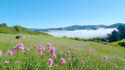 Obraz premium Misty Mountain Valley Wildflower Meadow Landscape