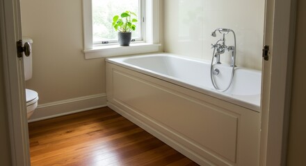 Obraz premium Clean and Bright Bathroom with Wooden Floor and Freestanding Tub - Serenity, cleanliness, relaxation, luxury, and modern design are symbolized in this of a bright bathroom with a freestanding bathtub