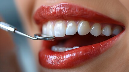 Dental filling procedure captured detailed closeup of womans mouth dentist applies composite filling ultrahigh detail on the lips glossy reflection of teeth and a softly blurred sterile background