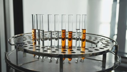 A set of test tubes filled with a clear and amber liquid arranged in a circular metal rack in a modern laboratory. The reflective surfaces and precise setup, clean, high-tech scientific environment.