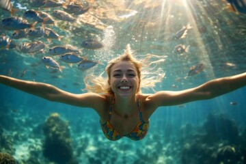 Fototapeta premium Bright commercial style image. A gorgeous and sexy happy caucasian young woman with blond hair with a happy face snorkeling among the corals. A dense school of silver fish swims next to her.