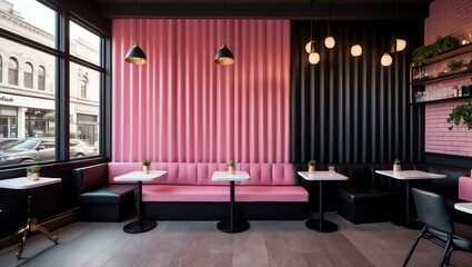Aesthetic gradient black to pink themed cafe interior concept