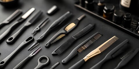 Fototapeta premium Professional Hair Styling Tools Flat Lay on Black Background