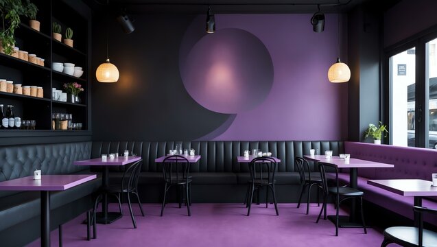Aesthetic gradient black to purple themed cafe interior concept