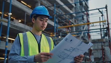 A construction engineer wearing a blue hard hat and safety vest reviews a blueprint at an active building site. Scaffolding and a high-rise construction symbolize planning, engineering, development.