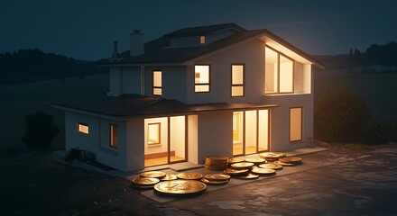 Illuminated House Gold Coins Pile at Night Residential Wealth Investment