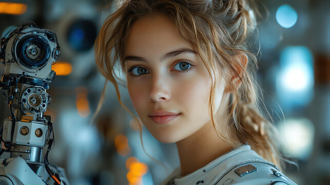 Smiling woman with a robotic arm, confident pose, bright background, blend of technology and humanity