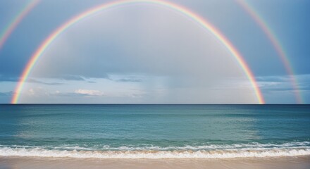 Double Rainbow Over Tranquil Ocean - Serene beach scene, double rainbow arching over calm ocean waves, symbolizing hope, peace, promise, beauty, and serenity