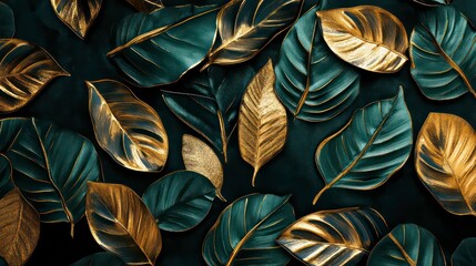 Black and gold background with green and gold leaf pattern , luxury, elegant, design, texture, nature, foliage, shiny