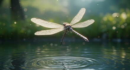 Dragonfly Over Water - A dragonfly hovers gracefully above a calm pond, its wings translucent in the sunlight. Water ripples gently below
