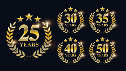 Anniversary and Birthday Icon and Logo Set with Laurel Wreath: 25, 30, 35, 40, 50 Years Jubilee Golden Badges and Emblems. Vector.