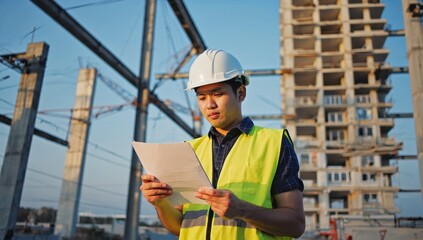 A construction engineer wearing a hard hat and safety vest examines a blueprint at a building site. The background shows a high-rise construction, representing engineering, planning, infrastructure.