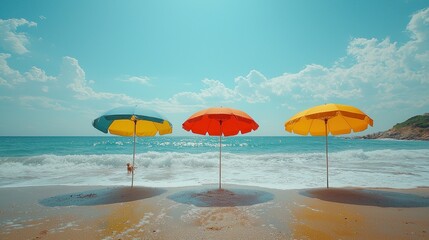 Colorful beach umbrellas on sunny coast