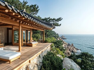 Obraz premium A traditional wooden structure overlooks an expansive blue ocean landscape