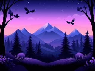 Serene twilight landscape with mountains and flying birds under a starry sky