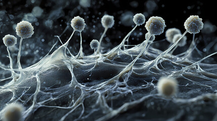 Fungal hyphae spreading across a dark surface, with black mold spores in various stages of growth and decay, fungi spread, microscopic detail. Spreading Hyphae. Illustration