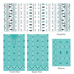 Embroidered floral design ethnic wear with dupatta, sleeve, front and back part on black background