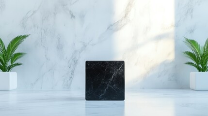 This stunning image features a striking black marble cube bathed in natural light, highlighting its rich texture and elegance against a light backdrop for a sophisticated aesthetic.